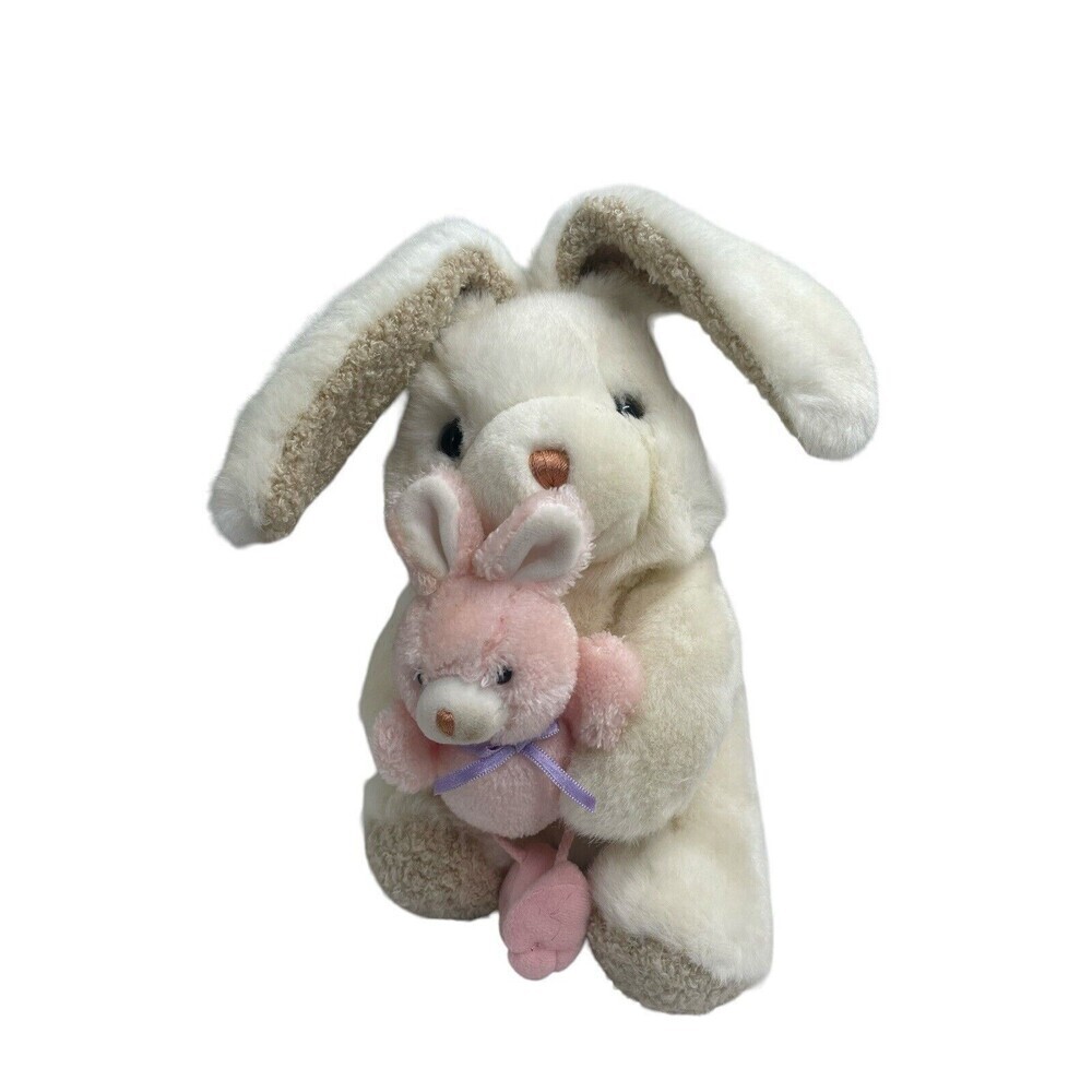 VTG Chosun Momma & Baby Plush White Bunny Rabbit Holding Pink Baby Bunny Toy